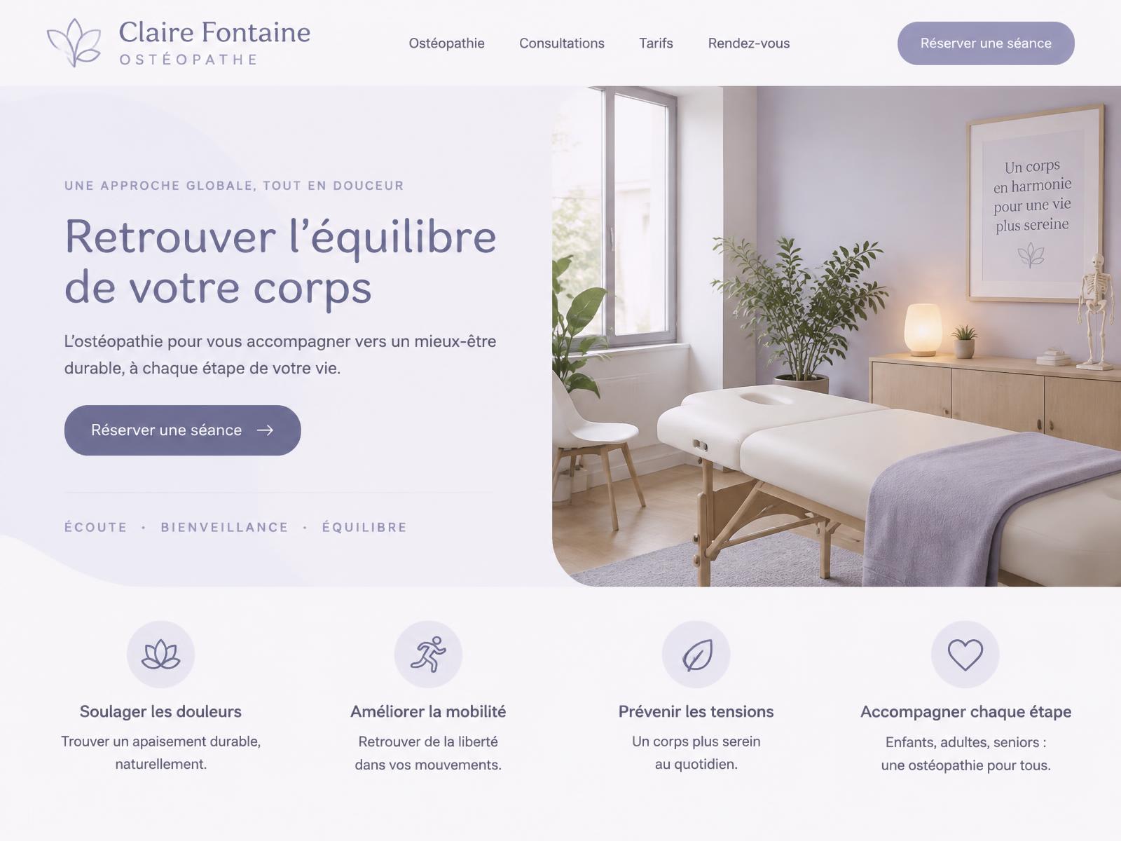 Page d'accueil de Claire Fontaine Ostéopathe